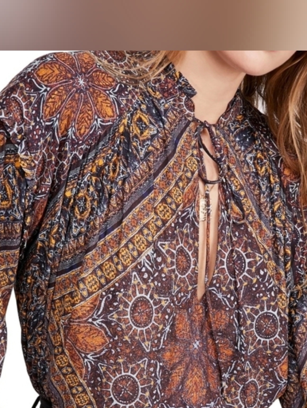 Free People Brown Rust Multi-Print Boho Peasant Blouse